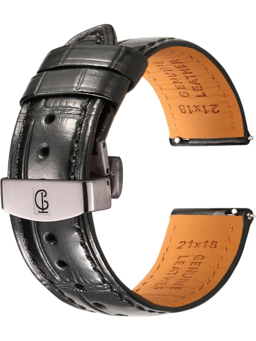 Stylish Leather Alligator Embossed Watch Band, Quick-Release, Butterfly Clasp